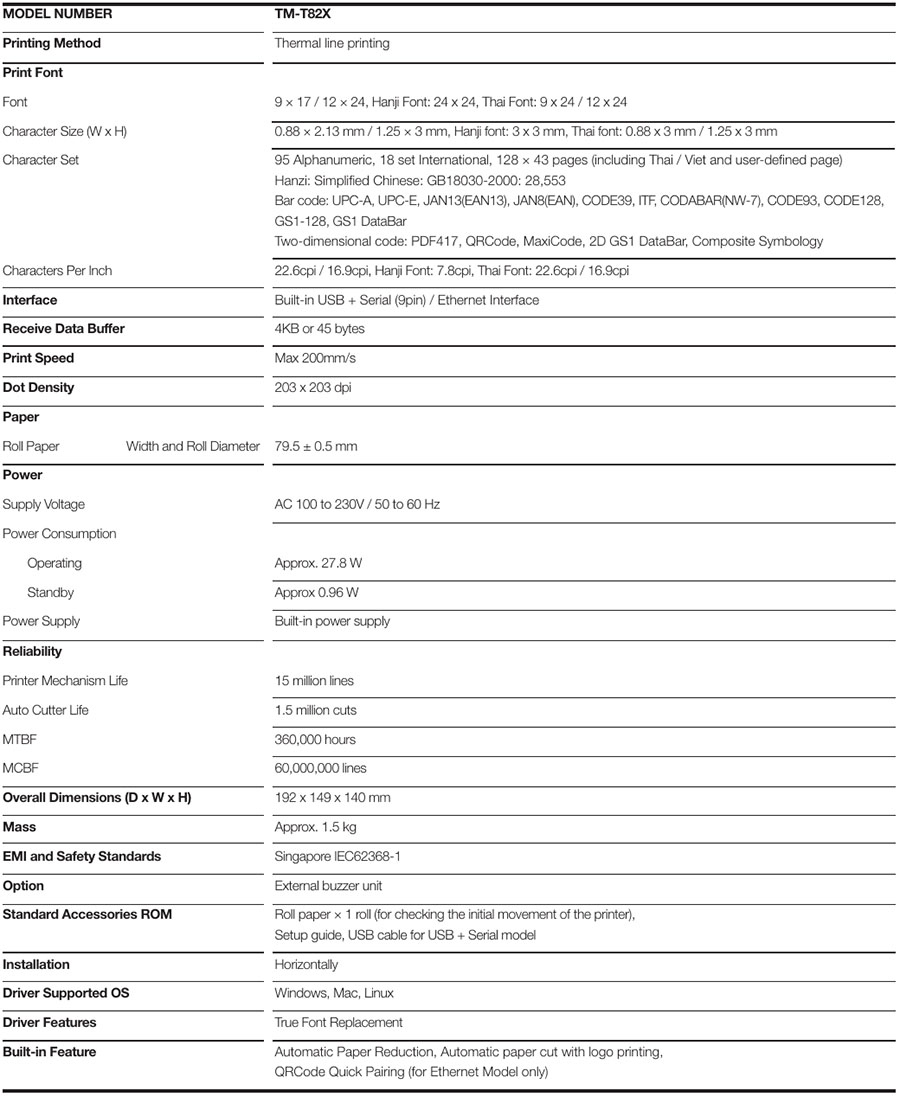 Epson TM-T82X Spec